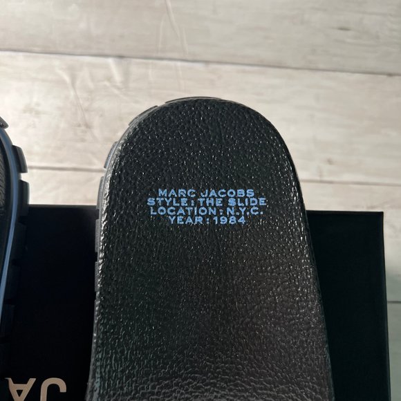 NEW MARC JACOBS Navy 'The Slide' Logo Print Ridged Flat Sandals Slides Shoes Sz8 - Picture 6 of 10